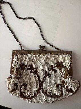 Antique 1920s Art Deco Micro Beaded Purse Flapper Kiss Lock Chain Evening Bag